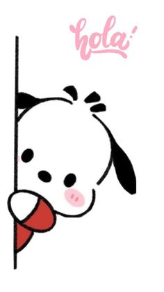 a drawing of a dog peeking out from behind a pole with the word hola on it