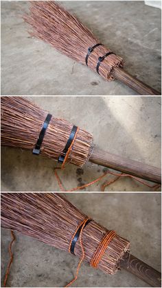 three pictures of different types of brooms with orange string wrapped around the top and bottom