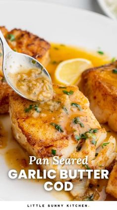 pan seared garlic butter chicken on a white plate