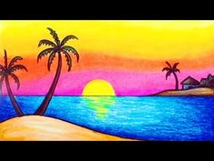 a painting of palm trees on the beach at sunset