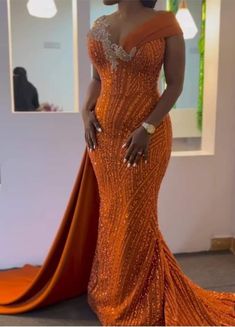 2023 Lace Dress, Dinner Gowns Nigerian Long, Lace Wedding Dress Mermaid, Orange Evening Dresses, Satin Sleeves, Lace Dress Classy, African Bridal Dress, Dinner Gowns