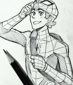 a pencil drawing of a boy with a hat on his head and holding a pen