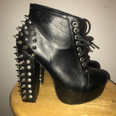 Chunky Spike Platform Bootie. Never Worn. Punk Round Toe Heels For Fall, Fall Punk Round Toe Heels, Fall Punk Style Round Toe Heels, Edgy Chunky Platform Boots With Round Toe, Punk Style Ankle-high Synthetic Boots, Trendy Round Toe Boots For Concerts, Edgy Platform Boots For Fall Streetwear, Trendy High Heel Platform Boots For Concert, Casual Platform Heels For Streetwear