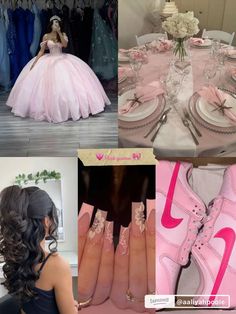 a collage of photos with pink and white wedding dresses, high heeled shoes, and flowers