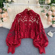 Item Measurements(cm)One Size:Length:50 Sleeve:53 Bust:114 Waist:90Note:Measurements may exist 1-3 cm errors due to manual measuring. 1 inch=2.54 cm. Top In Pizzo, Lace Lanterns, Short Blouse, Stand Collar Shirt, Lace Blouse Long Sleeve, Lantern Sleeved Blouses, Short Blouses, Red Blouse, Blouse Casual