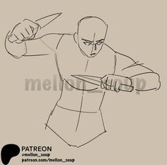 a drawing of a man holding a knife in one hand and pointing at the other