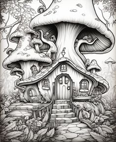 a drawing of a mushroom house in the woods