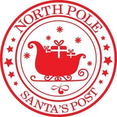 the north pole santa's post logo with presents in a sleigh and stars