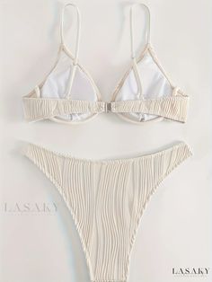 Lasaky - Textured Striped Bikini Set: Classic Design with Wavy Pattern, Spaghetti Strap, and Stretch Fabric - Perfect Swimwear and Clothing for Women Wavy Pattern, Clothing For Women, Classic Design, Stretch Fabric, Spaghetti Strap, Knitted Fabric, Collar Styles, Spaghetti, Solid Color