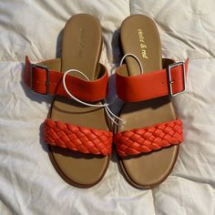 Brand New. Braided Orange Straps Red Sandals With Buckle Closure For Spring, Red Sandals With Buckle Closure For Summer, Red Buckle Closure Sandals For Summer, Orange Flat Sandals With Buckle Closure, Red Sandals With Buckle Closure For Beach, Red Buckle Closure Sandals For Beach, Red Open Toe Sandals For Beach Season, Orange Sandals With Buckle Closure For Vacation, Orange Buckle Closure Sandals For Vacation