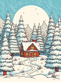 a house in the middle of a snowy forest with trees and snow covered ground, under a full moon