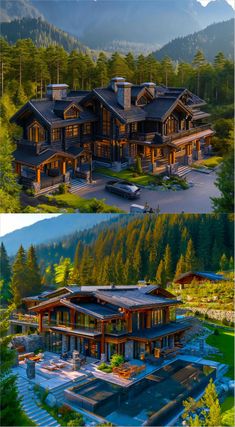 an aerial view of a large house in the mountains