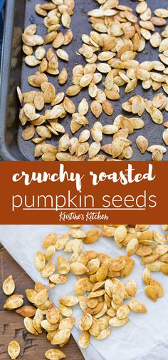 roasted pumpkin seeds on a baking sheet with text overlay