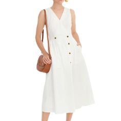 J.Crew Sleeveless Cotton Poplin A-Line Shirt Dress . Missing A Button But Does Have Spare Sleeveless V-neck Dress With Buttons For Summer, Chic Buttoned Dress For Vacation, Chic Button Dress For Vacation, Chic Vacation Dress With Buttons, White Sleeveless Casual Dress With Button Closure, White Sleeveless Dress With Button Closure For Summer, Chic Sleeveless V-neck Dress With Buttons, Beach Cotton Midi Dress With Buttons, Summer A-line Sleeveless Dress With Button Closure