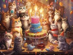 a group of cats sitting around a birthday cake