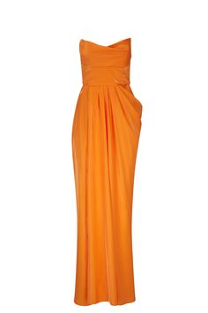 Lela Rose - Tangerine Strapless Draped Gown | Mitchell Stores Pleated Sleeveless Pre-draped Evening Dress, Pre-draped Gala Gown With Pleated Back, Pre-draped Pleated Bodice Gown, Pre-draped Silk Gown With Pleated Bodice, Formal Pre-draped Gown With Pleated Back, Satin Maxi Dress With Pleated Back For Prom, Silk Maxi Dress With Pleated Back For Cocktail, Sleeveless Prom Gown With Pleated Back, Satin Dress With Pleated Back For Prom