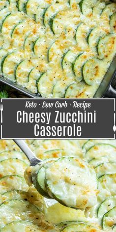 keto zucchini casserole in a pan with a serving spoon