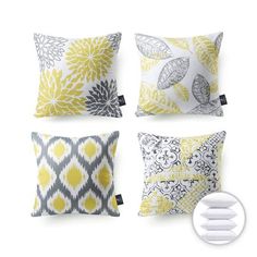 four pillows with different designs on them, one in yellow and the other in grey