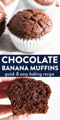 chocolate banana muffins with text overlay that reads, chocolate banana muffins quick and easy baking recipe