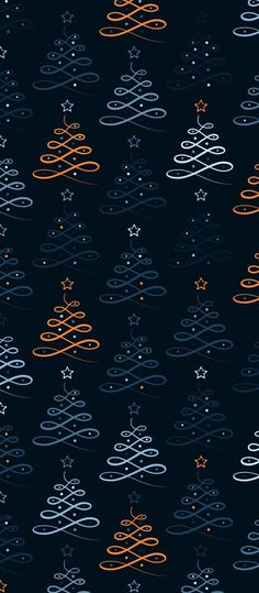 an abstract christmas tree pattern with orange and blue swirls on a black background,