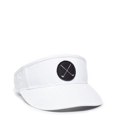 This Golf Visor is the perfect accessory for your next round of 18 holes. The crossed golf club patch pops against the white background. This classic hat will complement any look, even if youre only there to drive the cart. Visors accommodate hairstyles that traditional baseball hats cannot. Size: OSFM. Gender: male. Age Group: adult. Classic Six-panel Golf Hats, Classic White Baseball Cap With Logo Patch, Classic Adjustable Baseball Cap For Golf, Classic White Hat With Logo Patch, Classic Adjustable Golf Baseball Cap, White Six-panel Hat With Logo Patch, White Six-panel Golf Hat, White Sporty Hat With Logo Patch, White Sporty Baseball Cap For Golf