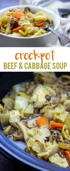 crockpot beef and cabbage soup in a blue bowl with carrots on the side