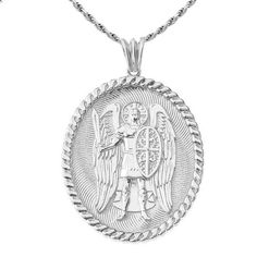 925 Sterling Silver Saint Michael Protect Uspendant Necklace Item No.: Ba49 Metal Type: .925 Sterling Silver With Stamped 925 Finish: Height: 1.8 In (46.44 Mm) Width: 1.2 In (30.34 Mm) Measurement: Come With Italian Rolo Chain In 16", 18", 20", 22" Made In Usa. This Item Might Take 5-10 Days To Be Shipped. Hallmarked White Gold Necklace For Memorial, Silver Oval Necklaces With Charms, Cross Necklace Sideways, Phoenix Necklace, Saint Michael, Dog Pendant, Round Pendant Necklace, Gold Engraving, Cz Pendant