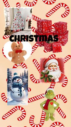 a christmas card with pictures of santa, snowman and other holiday items on it