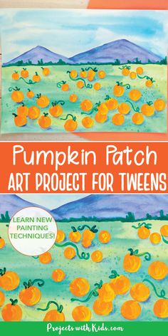 Pumpkin patch painting using watercolors and acrylic paint for tweens. Autumn art activity idea. Kindergarten Pumpkin Art, November Art Projects, Pumpkin Patch Painting, Art Curriculum Elementary, Pumpkin Patch Art, Pumpkin Art Project, Fall Painting For Kids, Pumpkins Kindergarten, Pumpkin Patch Kids