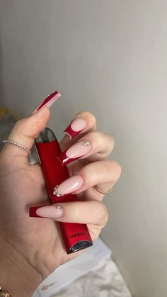 acrylic long red nails with gems Neon Red Acrylic Nails, Long Square Acrylic Nails Holiday, Red With Gems Nails, Red Long Nails With Gems, Garnet Acrylic Nails, Crimson Red Nails Acrylic, Latina Red Nails, Red Nail Designs Coffin Shape, Red French Tips With Gems