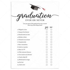 Are you looking for a fun Grad Party game? Play Ever or Never! This simple, yet elegant, grad party game with calligraphy font and watercolor graduation cap will have guests reminiscing of college years gone by.Have the graduate fill out the game card as an answer key before the party starts. Then compare their responses to what your party guests guessed. The player with the most correct wins bragging rights.This graduation game is a digital download. After purchase you will receive a download l Graduation Games Ideas, Grad Party Games, Graduation Words, Funny Graduation Caps, Watercolor Graduation, Graduation Games, Graduation Party Games, Graduation Printables, Senior Stuff