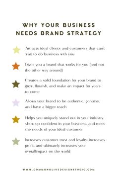 a white poster with gold stars on it and the words why your business needs brand strategy