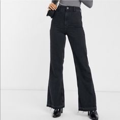 Free People Mindy Flare Jeans In Faded Black. New With Tags! Raw/ Frayed Hem Black Bottoms With Frayed Hem For Work, Mid-rise Washed Black Flare Jeans, Modern Black Mid-rise Flare Jeans, Mid-rise Distressed Flare Jeans In Washed Black, Mid-rise Distressed Washed Black Flare Jeans, Mid-rise Washed Black Flare Jeans With Pockets, Free People Jeans, Flare Jeans, Colored Jeans