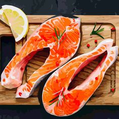 two raw salmons on a cutting board with lemon and rosemary