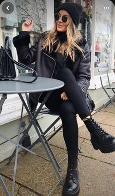 All Black Outfit Casual Winter Style, Combat Boot Dressy Outfit, Black Cold Weather Outfits, Dr Martens Outfit Cold Weather, All Black Dr Martens Outfit, All Black Combat Boots Outfit, Black Outfits Edgy Winter, Dressy Combat Boots Outfit, Edgy Cold Weather Outfits