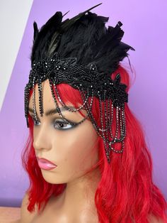 A one of a kind handmade Statement black Feather & beaded chain trim Head Dress from Zedhead Headwear On a black elasticated around the head band.   One size fits all / Adults Flapper Girl / Festival headdress / Headpiece / black headdress / festival hairband / chain headdress / beaded headdress / carnival crown / vintage headdress / 1920s headdress Please follow us on Instagram for new products & updates  : https://www.instagram.com/zedhead_headwear Adjustable Punk Costume Hats And Headpieces, Adjustable Punk Style Costume Hats And Headpieces, Adjustable Headband Costume Hats For Carnival, Adjustable Crown Costume Accessories For Party, Adjustable Black Feather Headpiece, Adjustable Headpiece For Mardi Gras Party, Black Gatsby Party Costume Hats And Headpieces, Adjustable Black Feathered Headpiece, Bohemian Headpiece For Mardi Gras Party