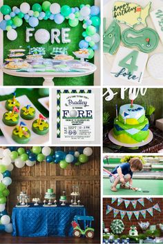 a collage of photos with green and blue decorations