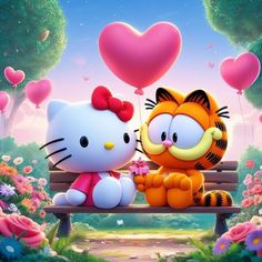 hello kitty and tigger sitting on a bench with heart shaped balloons in the background