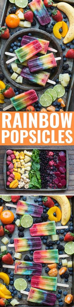 rainbow popsicles are arranged on trays with fruit and veggies in them