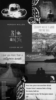 a collage of black and white images with the words country music is good for the soul