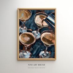 an abstract painting of wine glasses on a white wall with the words nine art brush