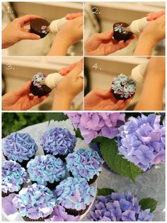 how to make chocolate cupcakes with blue and purple frosting on them, step by step instructions