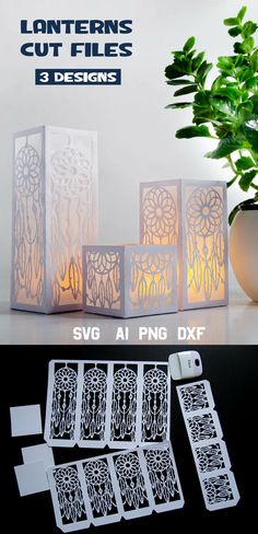 some paper cut designs are on display in front of a potted plant and vase