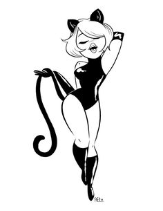 a black and white drawing of a woman in cat suit with her arms behind her head