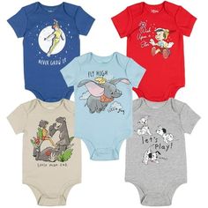 four baby onesuits with cartoon characters on them, all in different colors and sizes