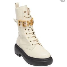 Fendi White Military Boots - Fendigraphy - Graphy White /Cream / Tan Boots, Size 36.5, I’m Usually A Size Us 7 And They Fit Perfectly, Not Snug Or Anything. Brand New With Tags Fendi Combat Boots, Fendi Logo Design, Leather Biker Boots, Fendi Logo, Fendi Shoes, High Heel Boots Ankle, Metal Accessories, Martin Boots, Biker Boots