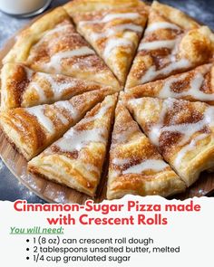 cinnamon - sugar pizza made with crescent rolls on a cutting board