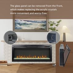 an electric fireplace is shown with three different images