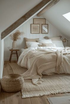 an attic bedroom with white walls and wood flooring is furnished with natural materials such as linens, pillows, blankets and rugs