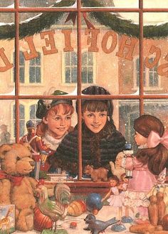 a painting of children looking out the window at teddy bears and other toys in front of them